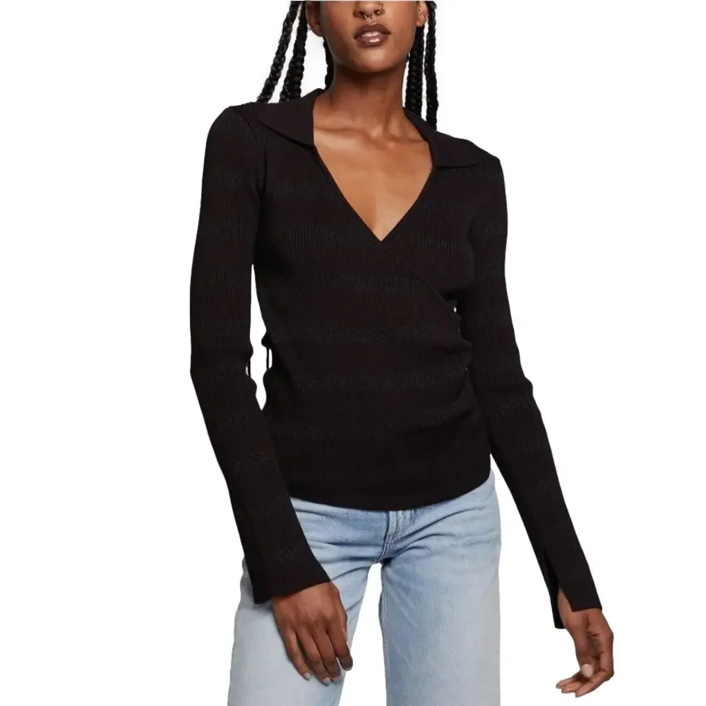 CHASER Women’s black collared silver ribbed wrap sweater size small NWT